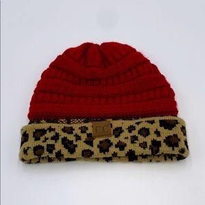 C.C Exclusives Red and Leopard Print Beanie - EUC